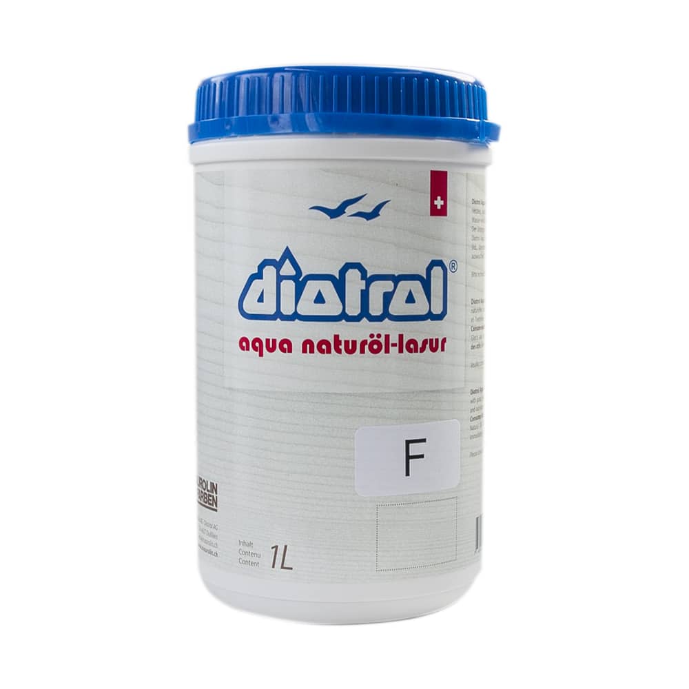 80020_Aqua_Naturöl-Lasur_F_1L Diotrol Aqua F ist eine wasserverdünnbare Holzlasur auf Basis eines vorvernetzten, oxidativ trocknenden Naturöls.